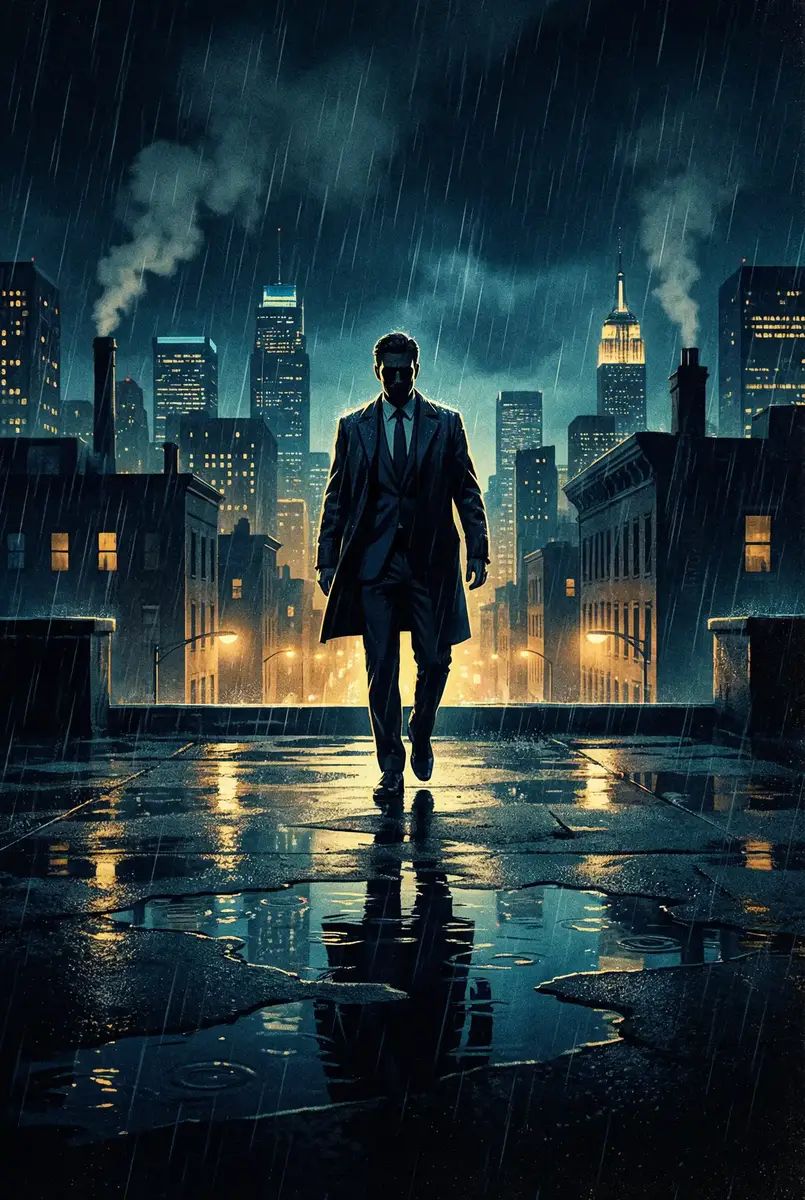 禁漫天堂苹果版 出品影片《雨夜独行者》海报，雨中城市屋顶男性剪影